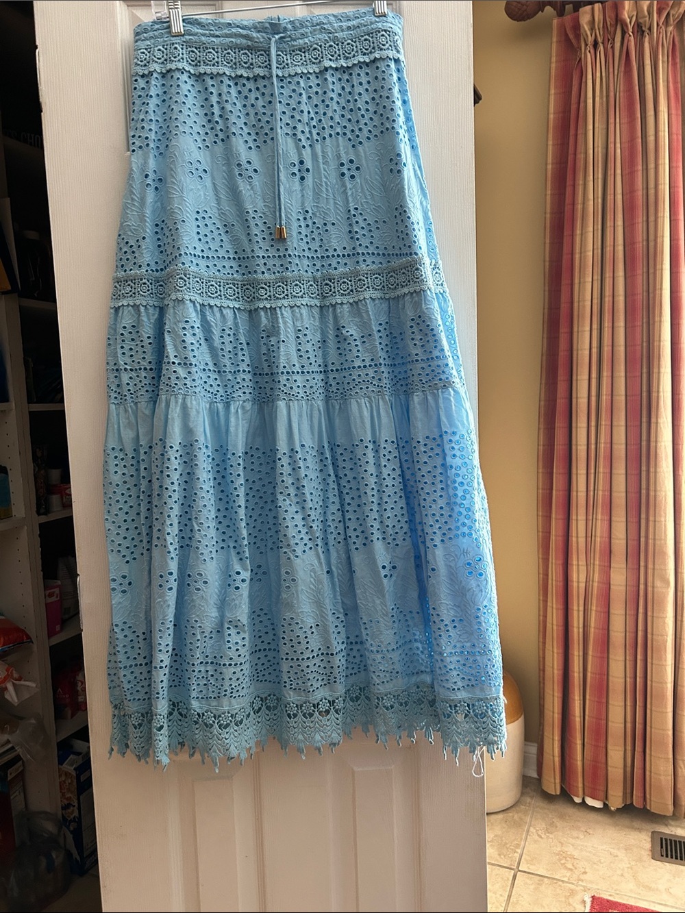 Blue Eyelet Tiered Maxi Skirt Alessia Melissa Odabash Large